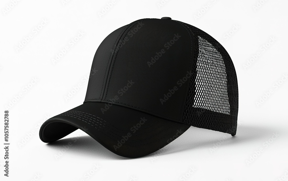 Black mesh-back cap with a structured brim designed for casual wear, showcasing simplicity and style against a plain backdrop Black mesh-back cap with a structured brim designed for casual wear, showcasing simplicity and style against a plain backdrop