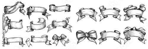 Decorative hand drawn ribbons set. Black color sketch. Isolated elements.