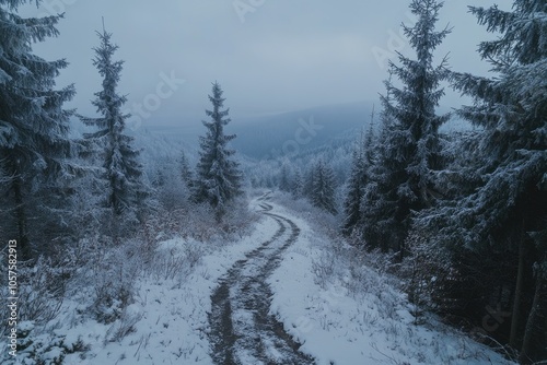 Fototapeta Naklejka Na Ścianę i Meble -  Winter landscape of snow covered trees in Beskidy Mountains  Poland.