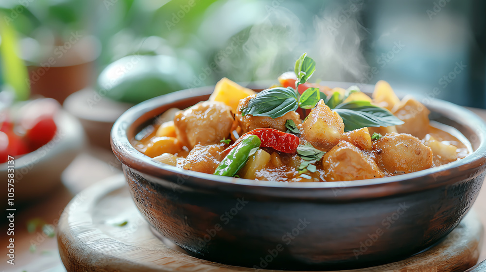 Delicious thai massaman curry served in a traditional clay pot with golden brown sauce and fresh ingredients Delicious thai massaman curry served in a traditional clay pot with golden brown sauce and fresh ingredients