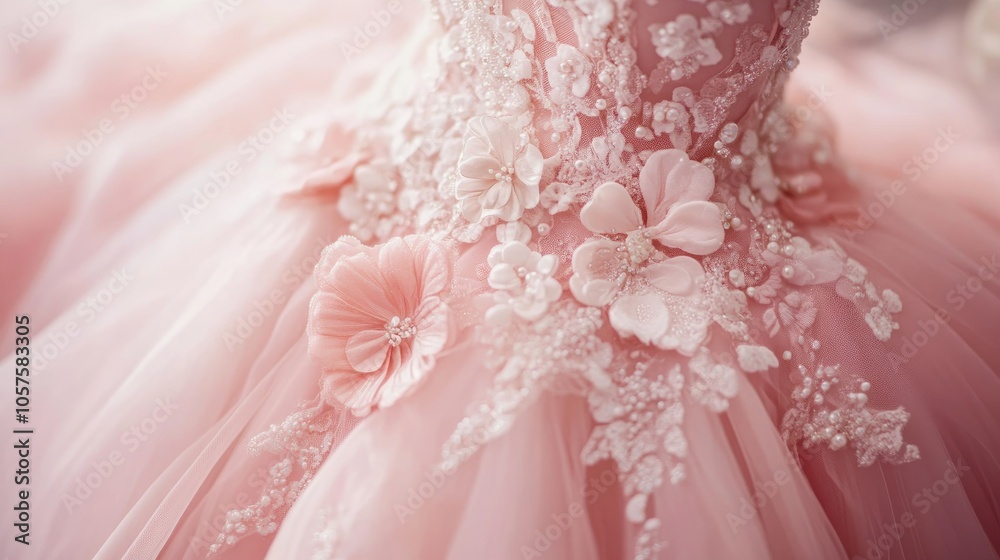 Closeup of a pink wedding dress in a bridal salon showcasing a stylish design for the wedding day Elegant attire for brides with ample copy space Closeup of a pink wedding dress in a bridal salon showcasing a stylish design for the wedding day Elegant attire for brides with ample copy space