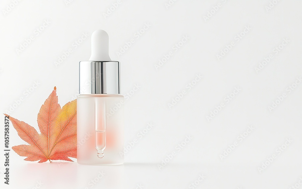 A clear dropper bottle with serum alongside a colorful autumn leaf on a white background A clear dropper bottle with serum alongside a colorful autumn leaf on a white background