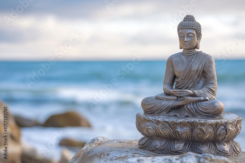 A tranquil Buddha statue sits peacefully on a rock facing the gentle ocean waves. photo