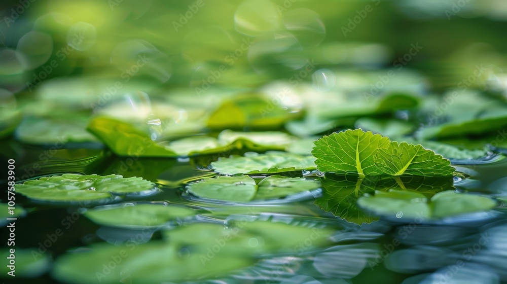 Vibrant green leaves floating on clear water Close-up photo with clean background Vibrant green leaves floating on clear water Close-up photo with clean background