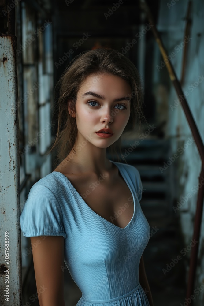 Fototapeta premium A graceful woman in a flowy blue dress poses in a quiet, well-lit indoor space with rustic charm.