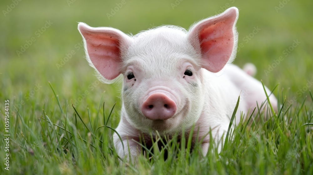 Curious White Piglet in Green Grass, Ears Perked and Alert Curious White Piglet in Green Grass, Ears Perked and Alert