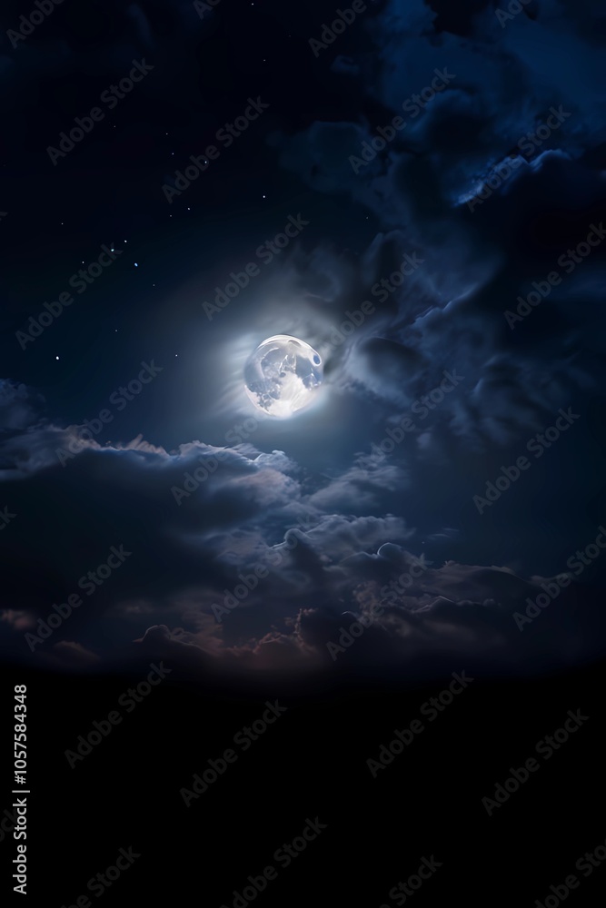 Captivating full moon illuminating clouds and stars in night sky, sky with moon and clouds