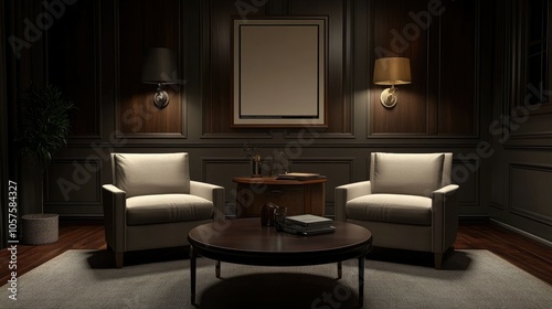 Dark, stylish living room design with a coffee table, two armchairs, and a mock-up poster. Ideal for interiors.