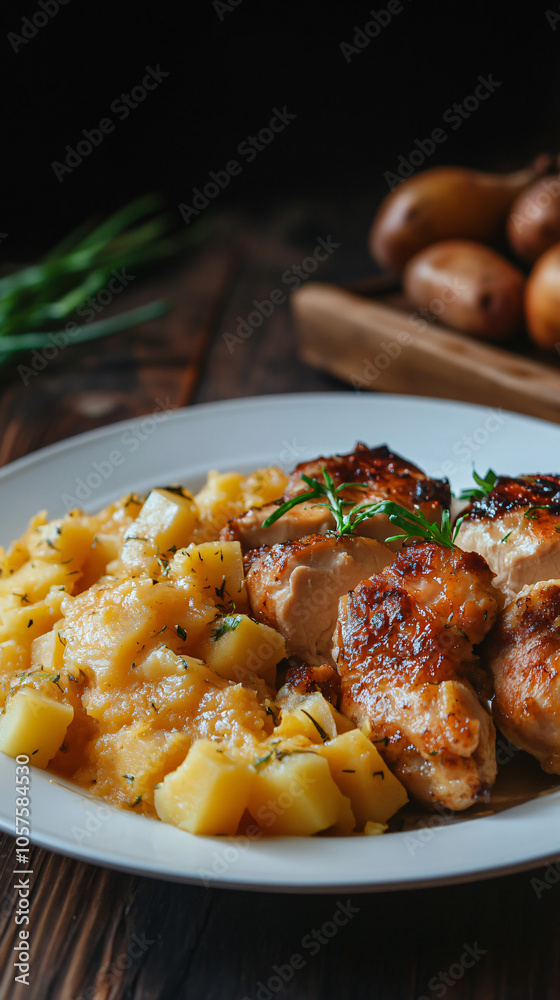 Sliced roasted chicken breast served on a white plate with rosemary and potatoes Sliced roasted chicken breast served on a white plate with rosemary and potatoes