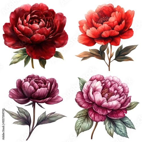 Set of Beautiful floral illustrations featuring peonies in various colors and styles, watercolor style