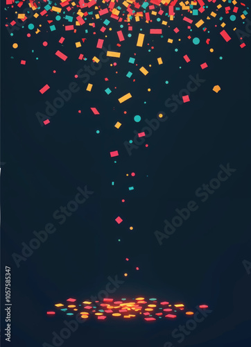 a vector poster with colorful confetti and streamers falling from the top of dark background