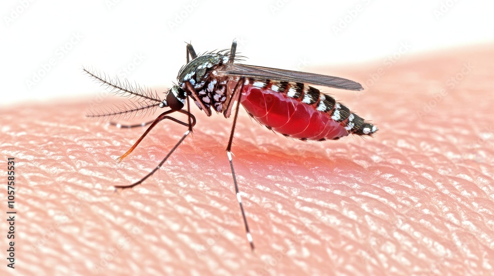 Close-up of a striped mosquito feeding on human skin, with sharp focus on its proboscis and tiny legs gripping the surface, against a clean white background Close-up of a striped mosquito feeding on human skin, with sharp focus on its proboscis and tiny legs gripping the surface, against a clean white background