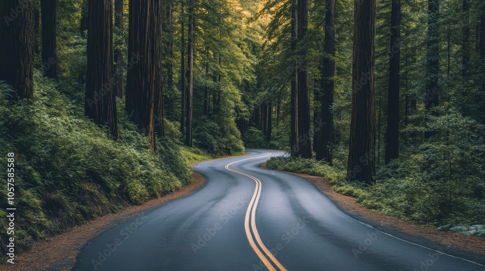 Obraz premium A serene road winding through a dense grove of towering redwoods, showcasing the natural beauty and tranquility of Redwood National Forest