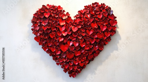 Large red heart composed of many small, varied red hearts on a white background, celebrating love diversity and interconnectedness.