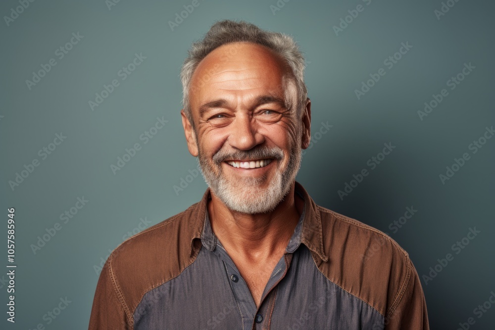 Portrait of a smiling man in his 50s donning a trendy cropped top in plain cyclorama studio wall