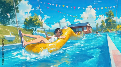 Anime girl enjoying a summer day at the pool