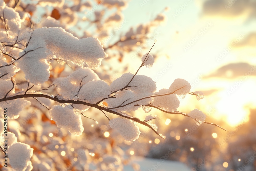 Snow covered tree branch at sunset Snow covered tree branch at sunset Snow covered tree branch at sunset Snow covered tree branch at sunset
