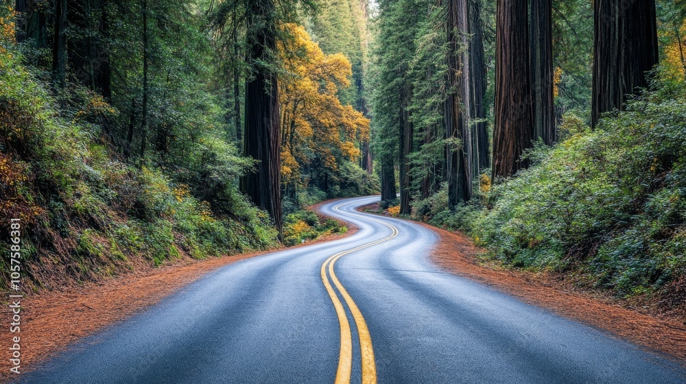 Obraz premium Charming road through a forest of colossal redwoods with a gentle curve leading into the distance in the Redwood National Forest