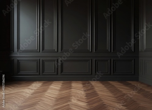 Fototapeta Naklejka Na Ścianę i Meble -  A room with a black wall and wooden floor. The floor is made of wood and has a chevron pattern