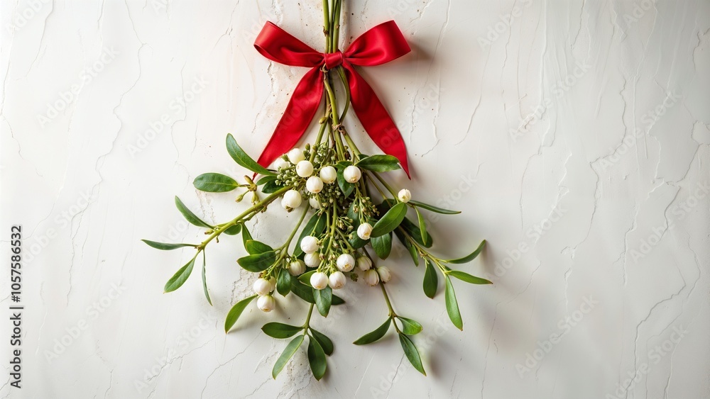 Festive mistletoe arrangement with a red bow against a textured white background Festive mistletoe arrangement with a red bow against a textured white background