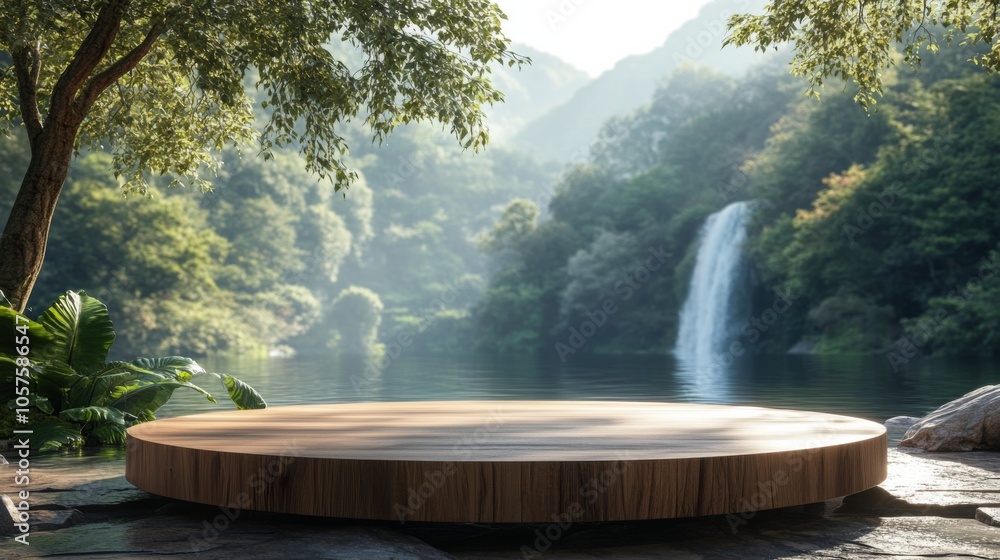Serene Nature Backdrop with Wooden Platform Serene Nature Backdrop with Wooden Platform