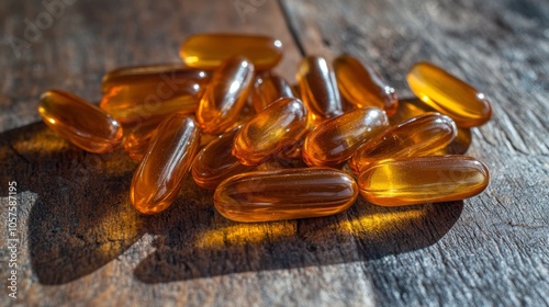 Amber Capsules on Wooden Surface