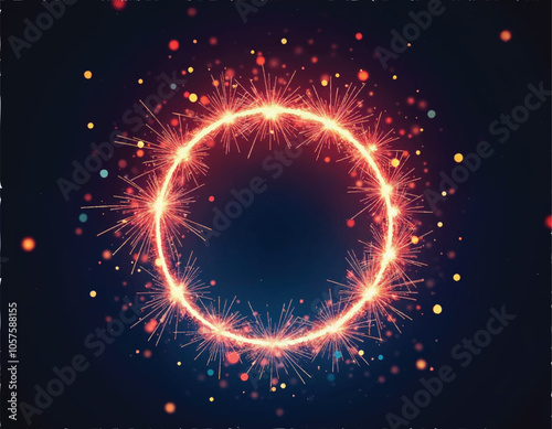 vector of a circle of red fireworks with a circle of red sparklers and bokeh lights effects on it