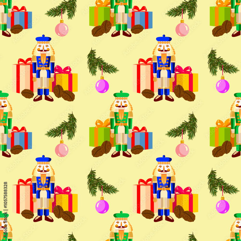 Vector - seamless pattern with Christmas motives, nutcracker, glass balls, fire and gift parcels. Vector - seamless pattern with Christmas motives, nutcracker, glass balls, fire and gift parcels.