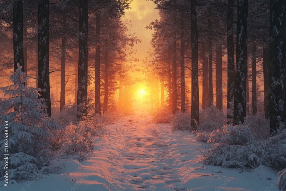 Winter sunset in forest with trees. Winter sunset in forest with trees.