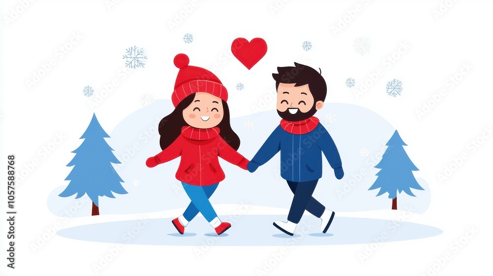 Fototapeta premium Winter Love: Couple Walking in Snowy Landscape