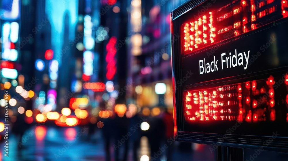 Obraz premium A vibrant city scene illuminated by neon lights, featuring a sign announcing