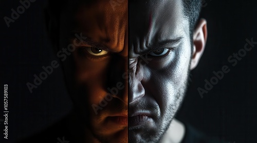 Split image of a calm and angry face, light vs dark contrast, inner character conflict