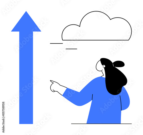 Woman points to a large blue arrow pointing upward with a cloud in the background. Ideal for depicting growth, ambition, success, progress, and vision. Minimalist vector style with blue and white
