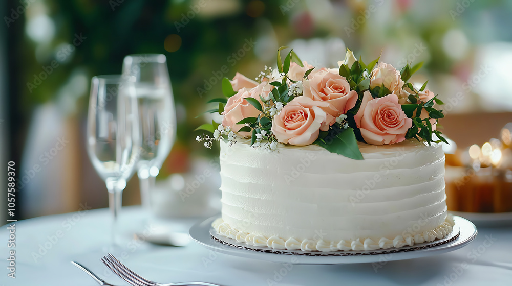 Elegant wedding cake adorned with fresh roses and white frosting for a perfect celebration Elegant wedding cake adorned with fresh roses and white frosting for a perfect celebration