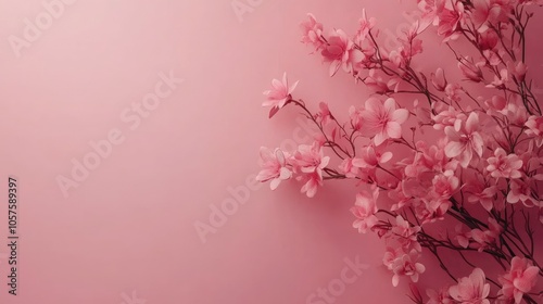 Pink flowers gracefully arranged on a pink backdrop, creating a harmonious scene with text space