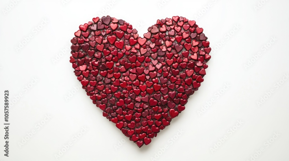 Red heart formed by many small red hearts, isolated on white, a symbol of love and diversity. Each heart adds to a unified whole. Red heart formed by many small red hearts, isolated on white, a symbol of love and diversity. Each heart adds to a unified whole.