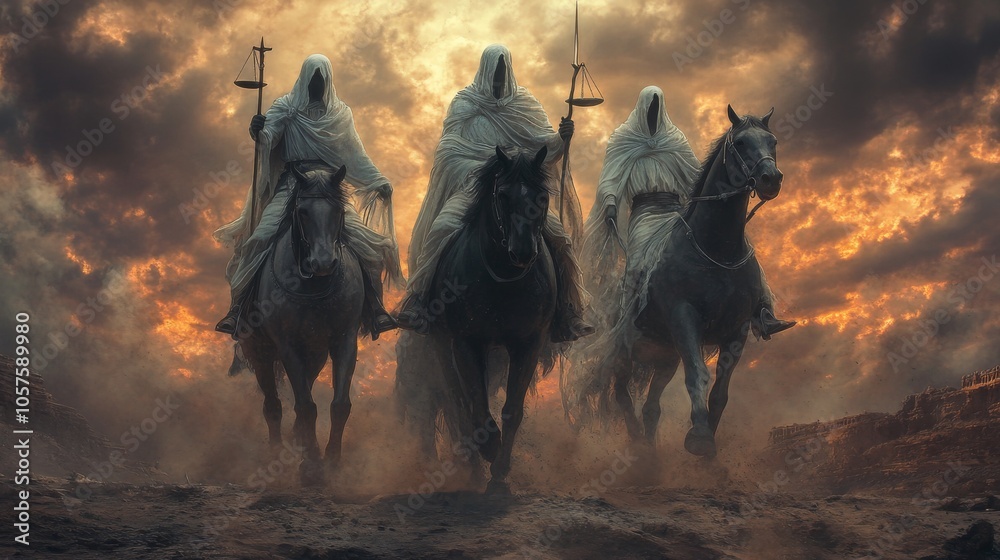 Three Hooded Riders Amidst Stormy Skies Three Hooded Riders Amidst Stormy Skies