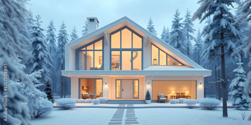 Modern House in Winter Forest with Snowy Backdrop Modern House in Winter Forest with Snowy Backdrop