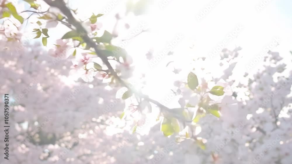 Delicate cherry blossoms bloom in soft pink hues, dreamy atmosphere. Flower petals, beauty sakura trees. Gentle breeze sways branches. Spring nature, floral background.