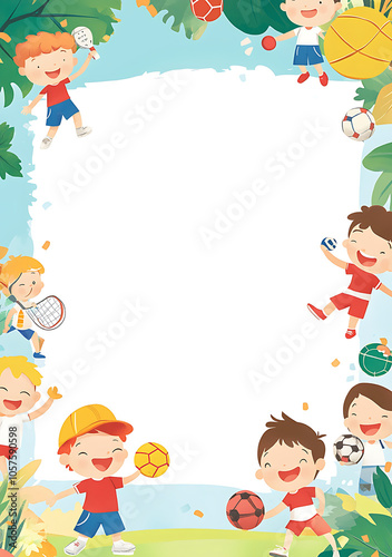 Cheerful children playing sports in vibrant frame design