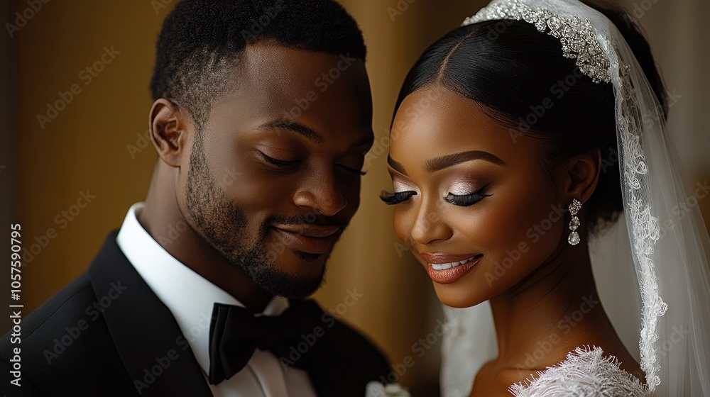 A newly married couple looks lovingly at each other on their wedding day. The bride is wearing a white wedding dress and veil, while the groom is wearing a black suit and bow tie.