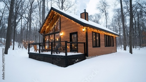 Cozy Cabin in Snowy Forest with Christmas Lights