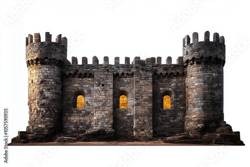 Medieval dark stone castle fortress isolated on a white background.
