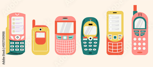 Set of Retro Mobile Phones, Vintage Cell Phones Collection, 90s and 2000s Technology