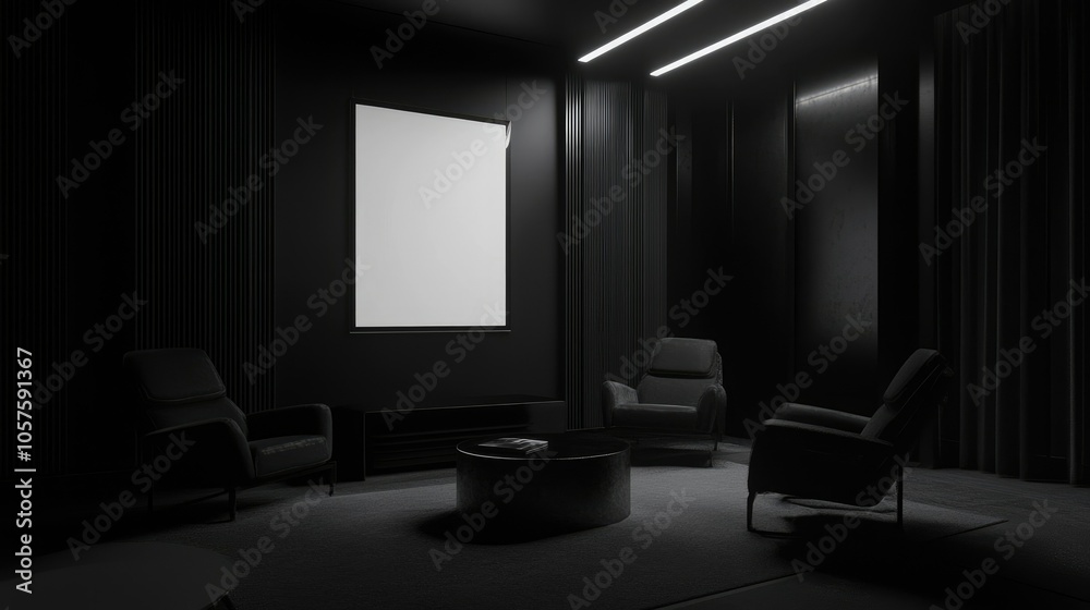 Stylish 3D rendering of a dark living room with minimalist furniture, including armchairs, coffee table, and an empty poster frame. Stylish 3D rendering of a dark living room with minimalist furniture, including armchairs, coffee table, and an empty poster frame.