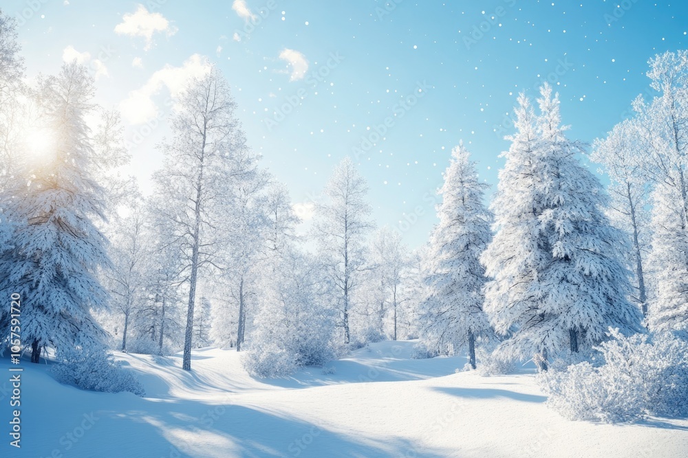 Winter Christmas landscape with snowy trees snowdrifts and blue sky. Winter Christmas landscape with snowy trees snowdrifts and blue sky.