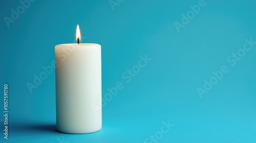 Large white candle against a blue backdrop with ample space for text