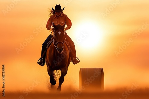 Cowgirl riding a horse at sunset in a barrel racing event, AI