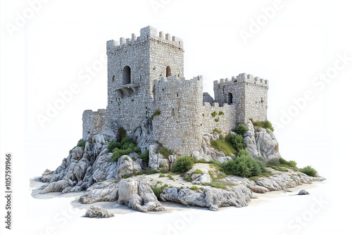 Medieval white stone castle fortress isolated on a white background.