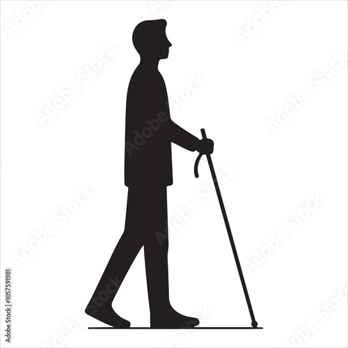 Silhouette of a blind man walking with a cane on a white background 